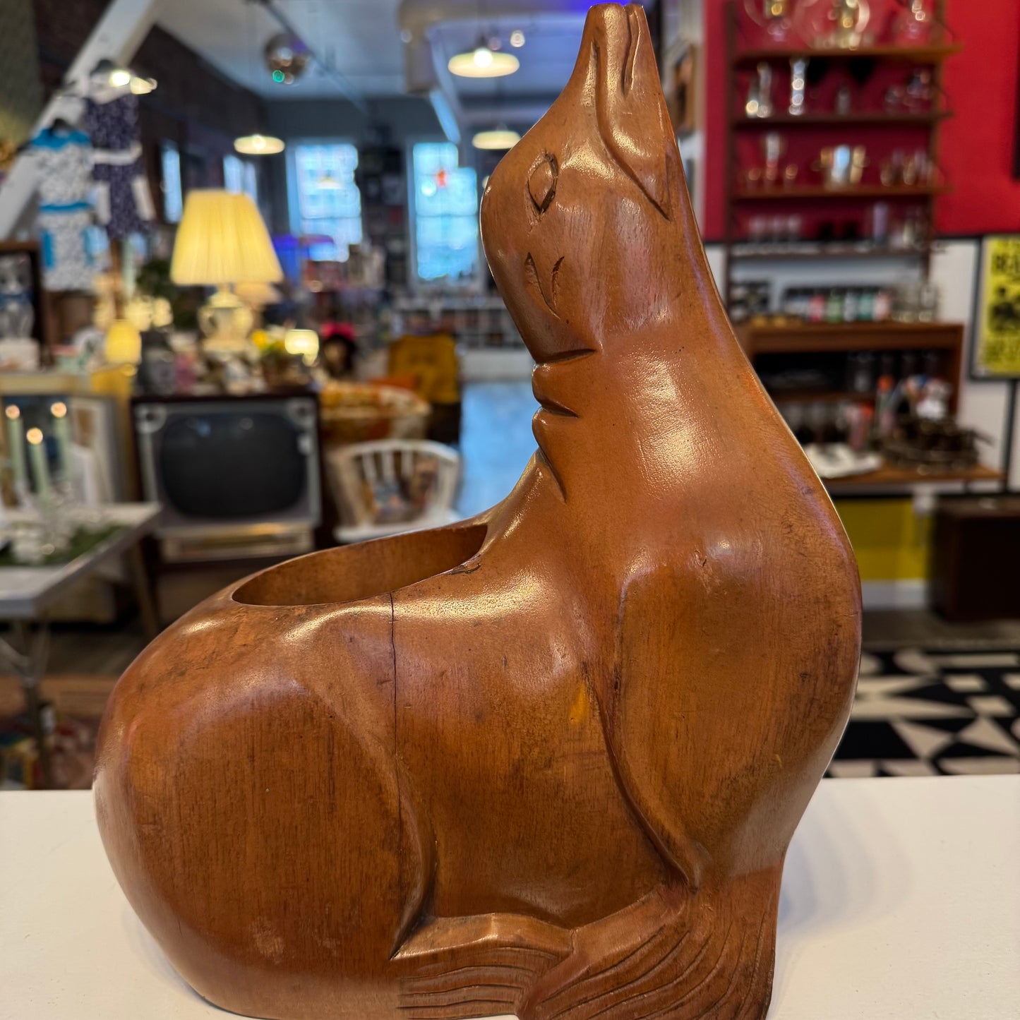 Hand Carved Wood Mid-Century Modern Seal Wine Bottle Holder