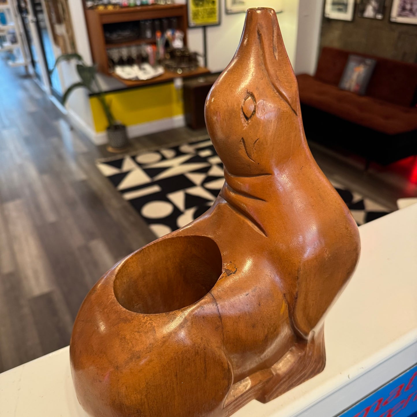 Hand Carved Wood Mid-Century Modern Seal Wine Bottle Holder