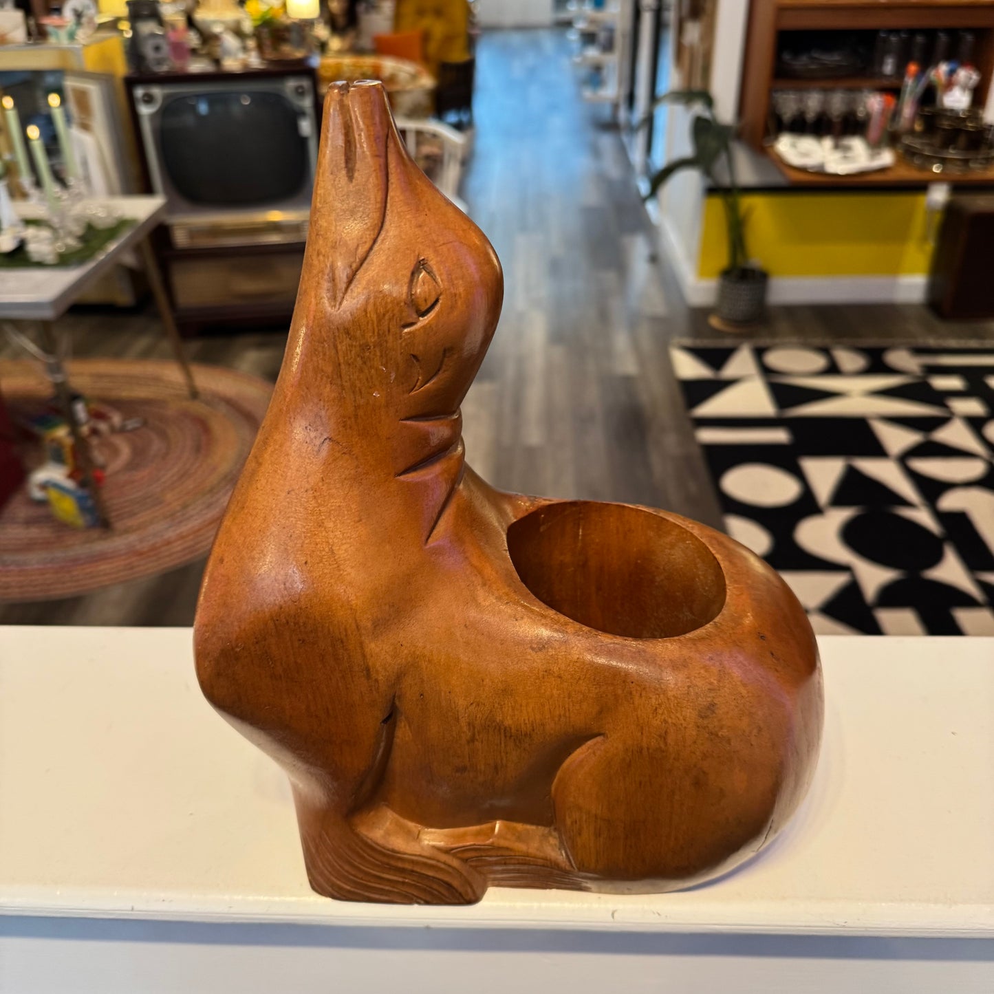 Hand Carved Wood Mid-Century Modern Seal Wine Bottle Holder