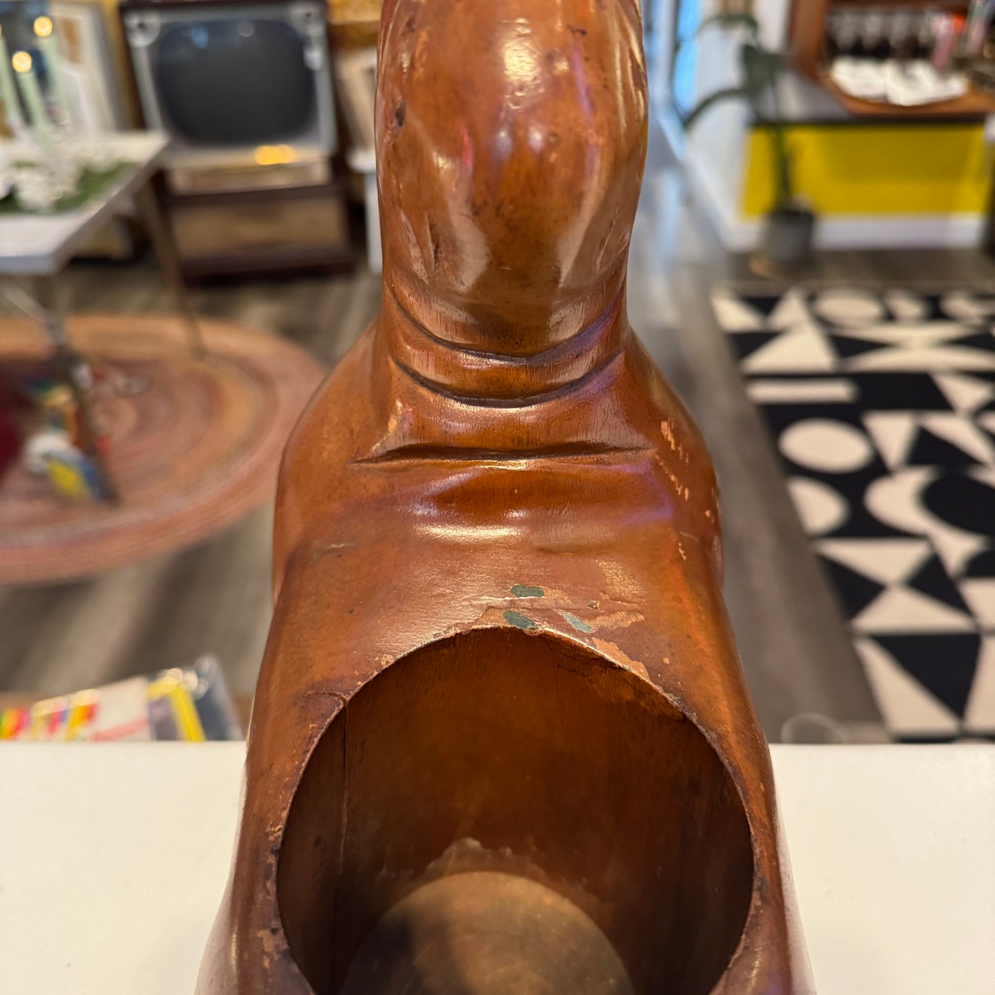 Hand Carved Wood Mid-Century Modern Seal Wine Bottle Caddy
