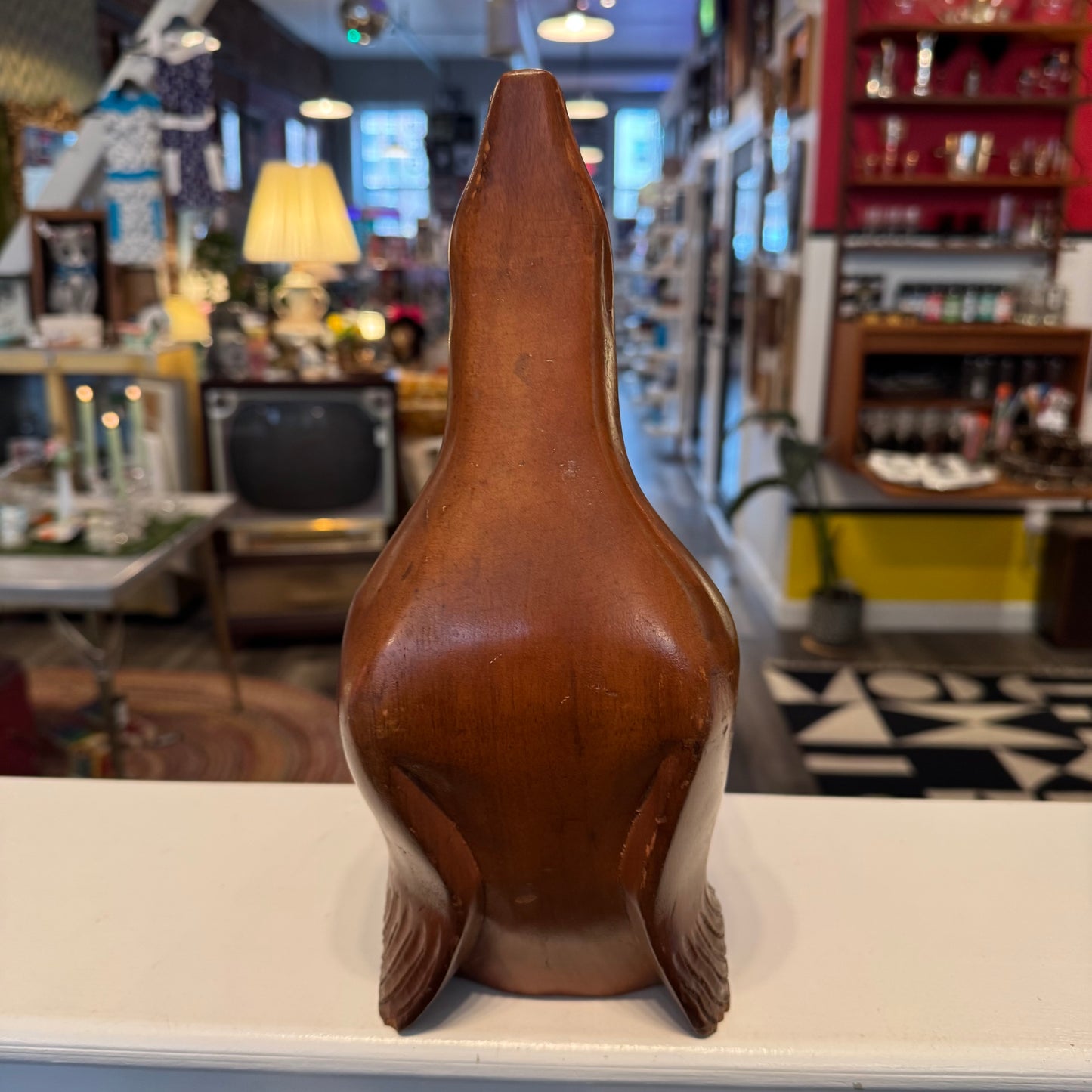 Hand Carved Wood Mid-Century Modern Seal Wine Bottle Caddy
