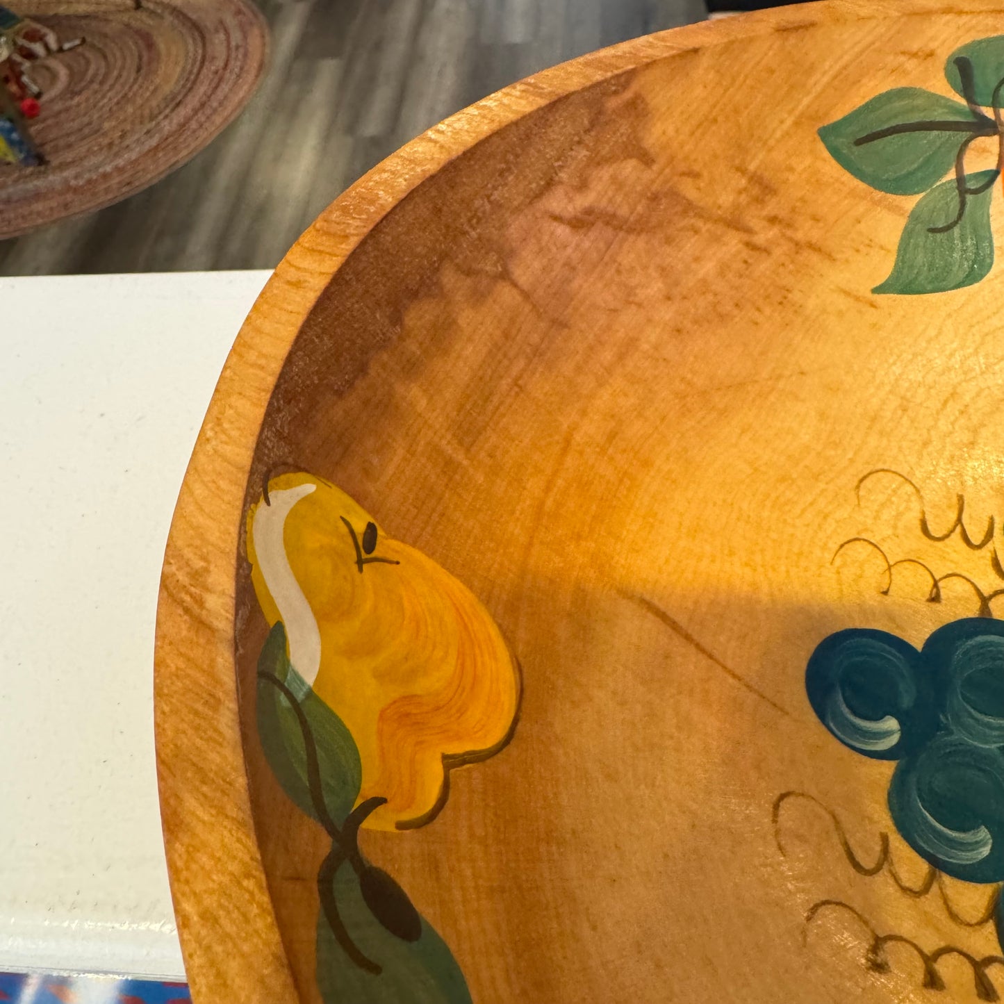 10" Wood Folk Art Painted Fruit Bowl