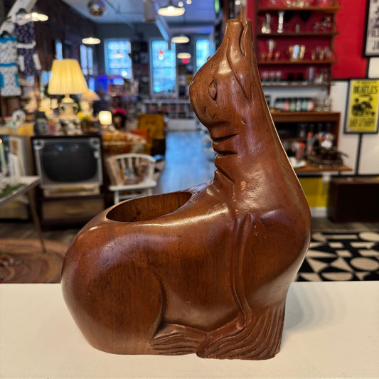 Hand Carved Wood Mid-Century Modern Seal Wine Bottle Caddy