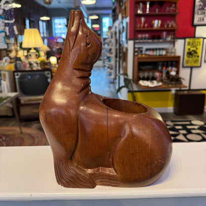 Hand Carved Wood Mid-Century Modern Seal Wine Bottle Caddy