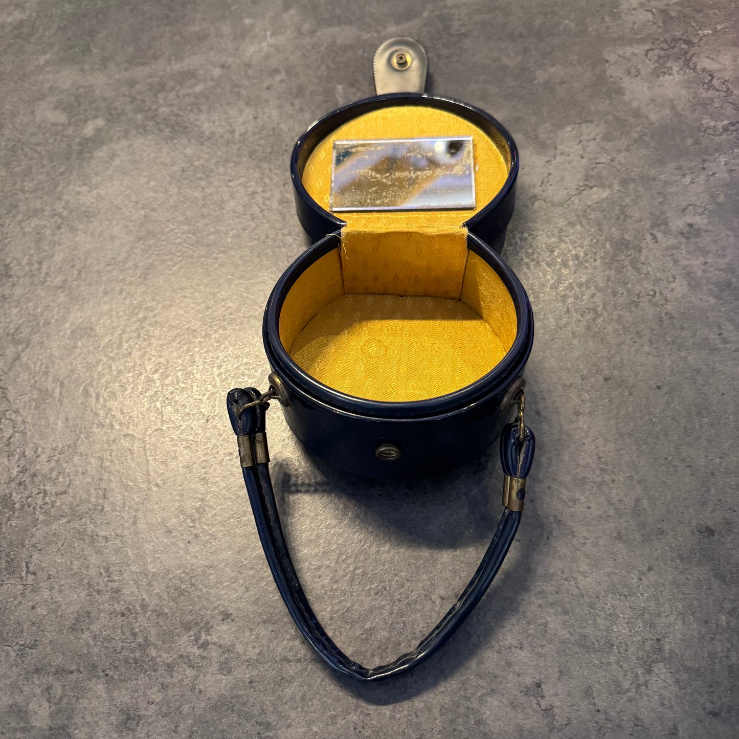 Patent Leather Micro Circular Box Bag Navy Blue