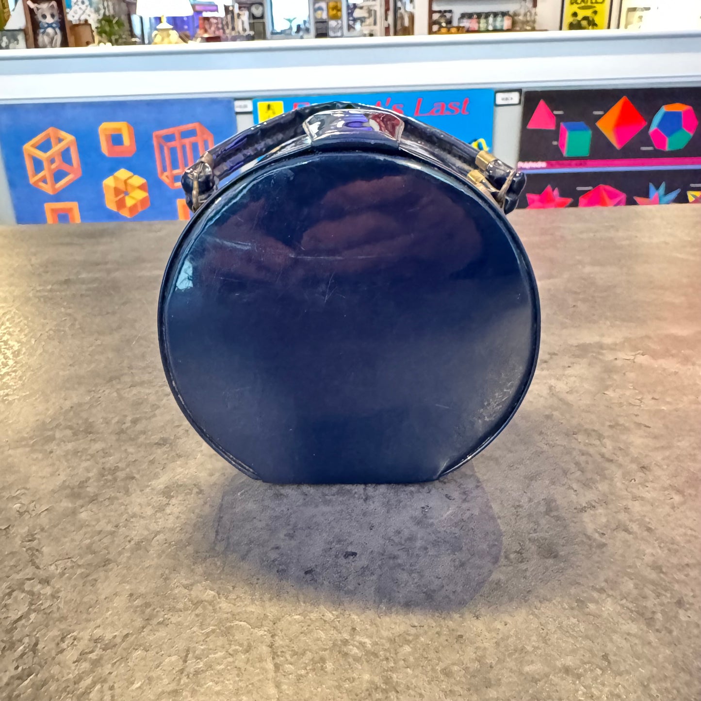 Patent Leather Micro Circular Box Bag Navy Blue
