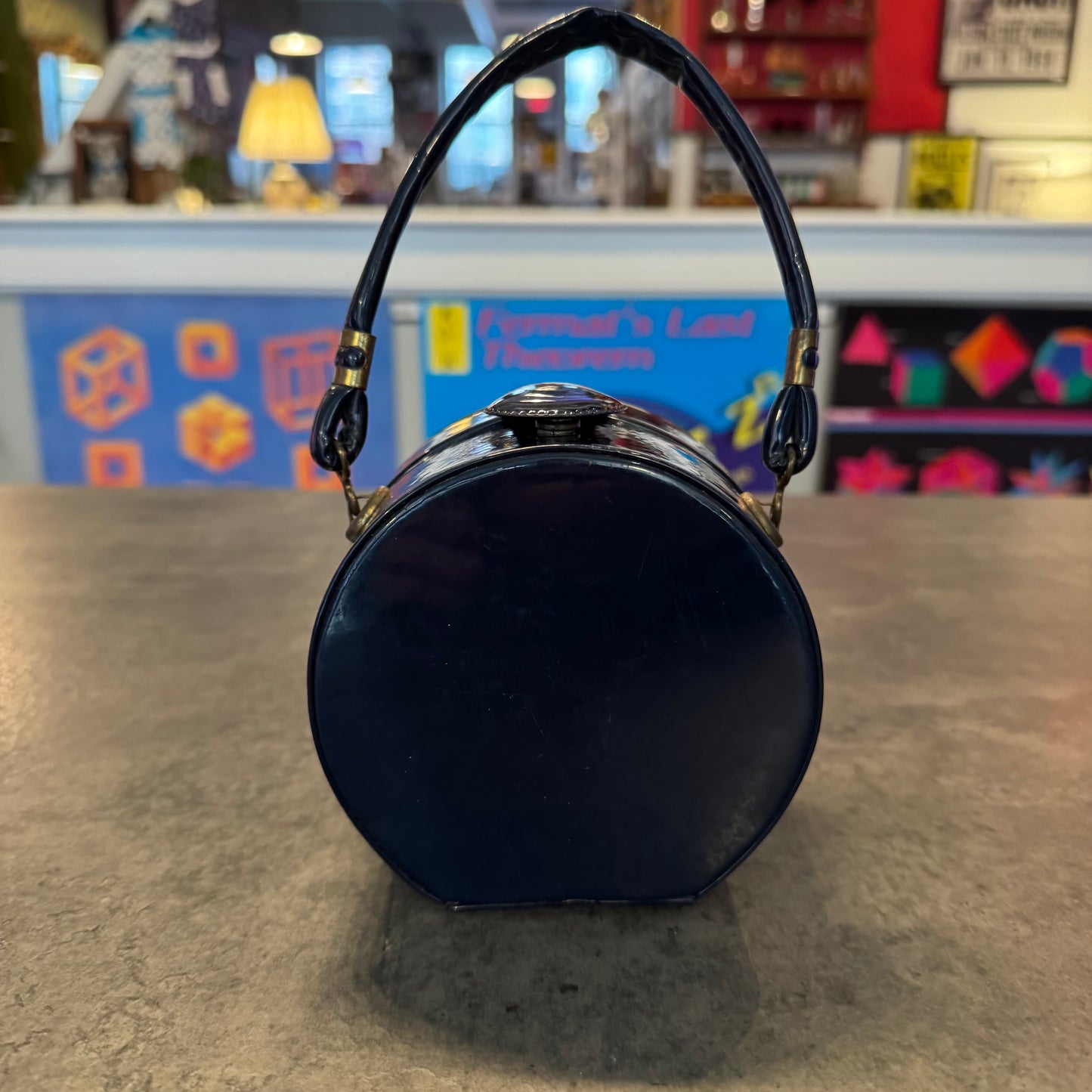 Patent Leather Micro Circular Box Bag Navy Blue