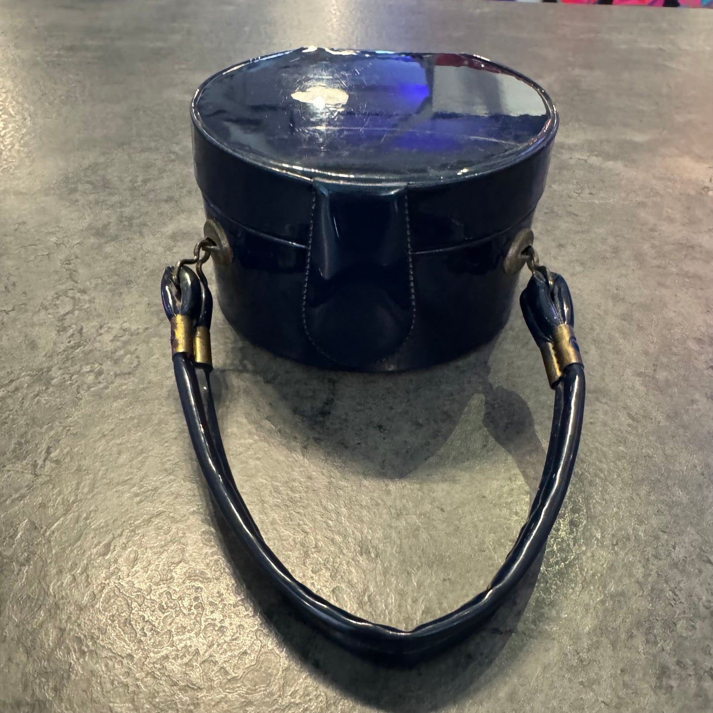 Patent Leather Micro Circular Box Bag Navy Blue
