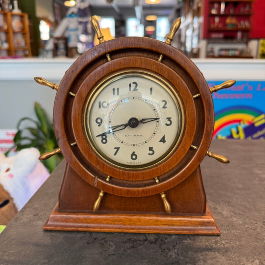 Vintage Seth Thomas "Corsair" Nautical Ships Wheel Desk Clock - Polished Brass - Working