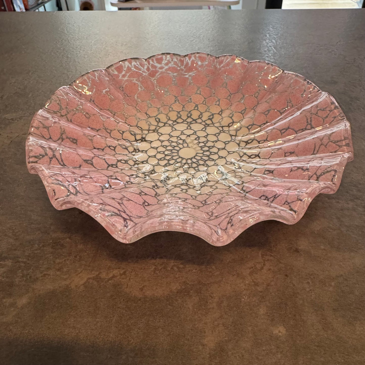 Sydenstricker Pink Lace Fused Glass Bowl - 8" Ruffled Art Glass