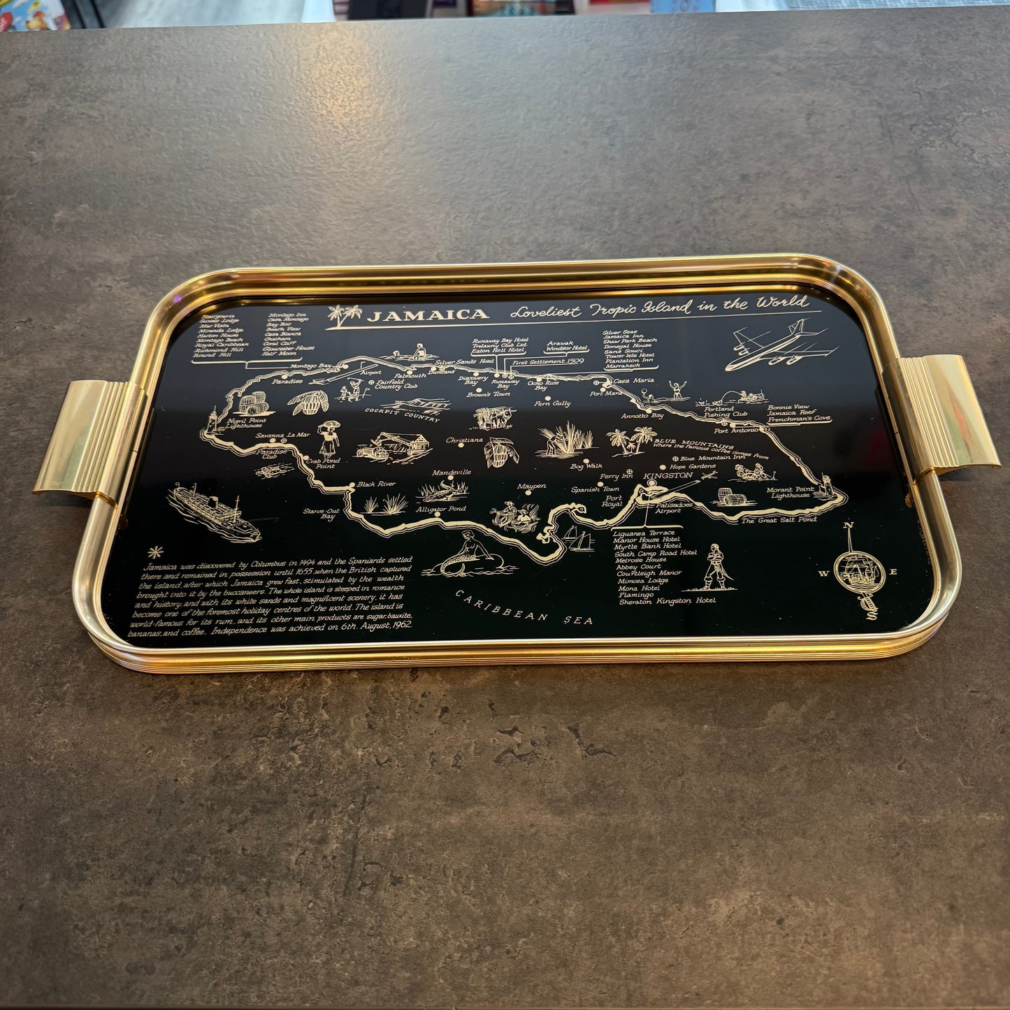 Jamaica Souvenir Map Tray - Gold & Black Lacquer Barware Vintage 1960s