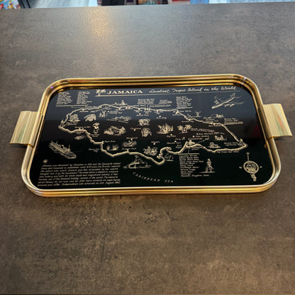Jamaica Souvenir Map Tray - Gold & Black Lacquer Barware Vintage 1960s