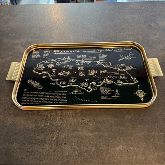 Jamaica Souvenir Map Tray - Gold & Black Lacquer Barware Vintage 1960s