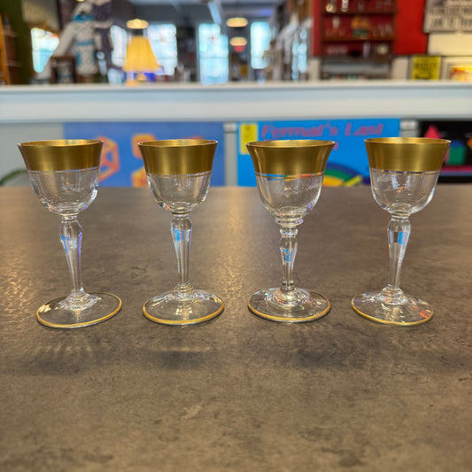 Set of 4 Vintage Hand-Blown Gold Rimmed Cordial Glasses - Mid-Century Stemware