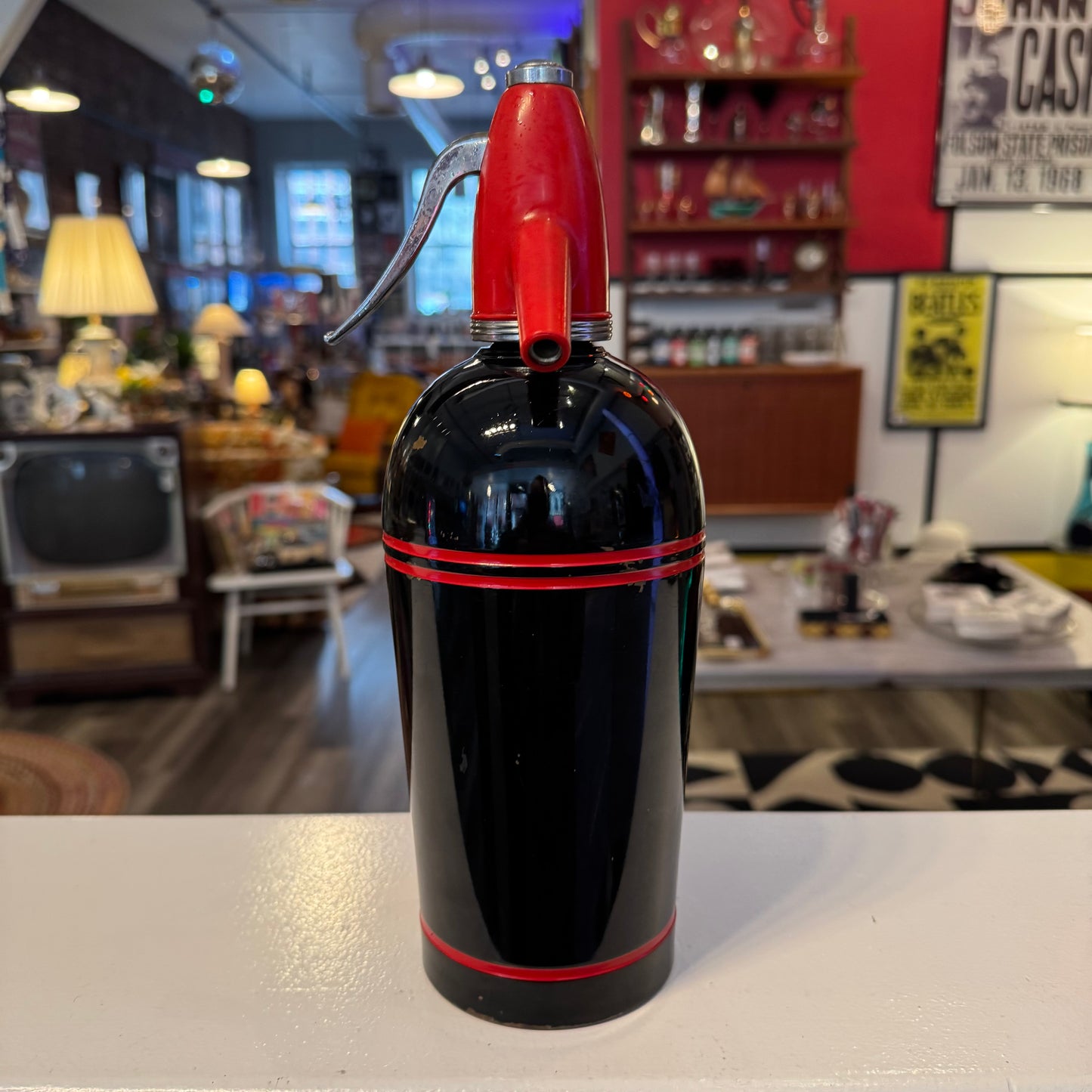 Vintage Sparklets "Streamline" Soda Siphon - MCM Red & Black Aluminum Seltzer Bottle - Made in NY