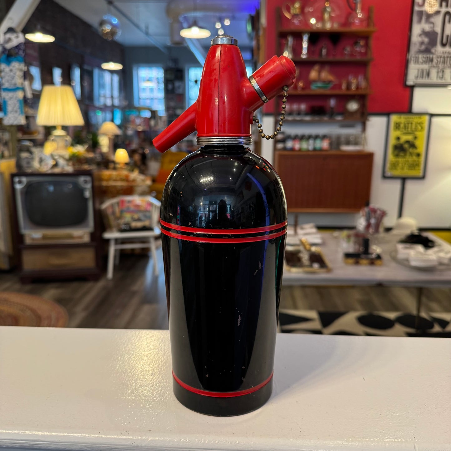 Vintage Sparklets "Streamline" Soda Siphon - MCM Red & Black Aluminum Seltzer Bottle - Made in NY