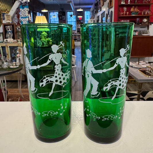 Vintage 1950s Anchor Hocking "Do Si Do" Green Highball Glasses – Set of