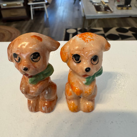 Vintage Puppy Dogs with Green Bows Salt and Pepper Shakers Japan