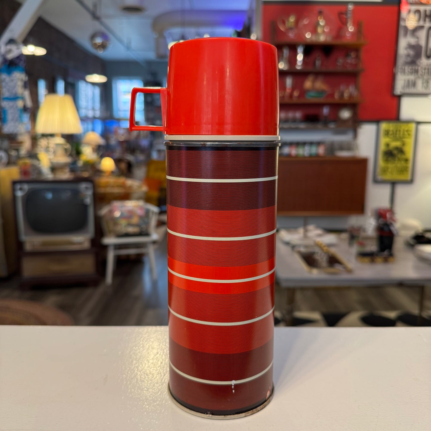 Vintage Thermos Brand Striped Thermos - Red & White- 1 Quart