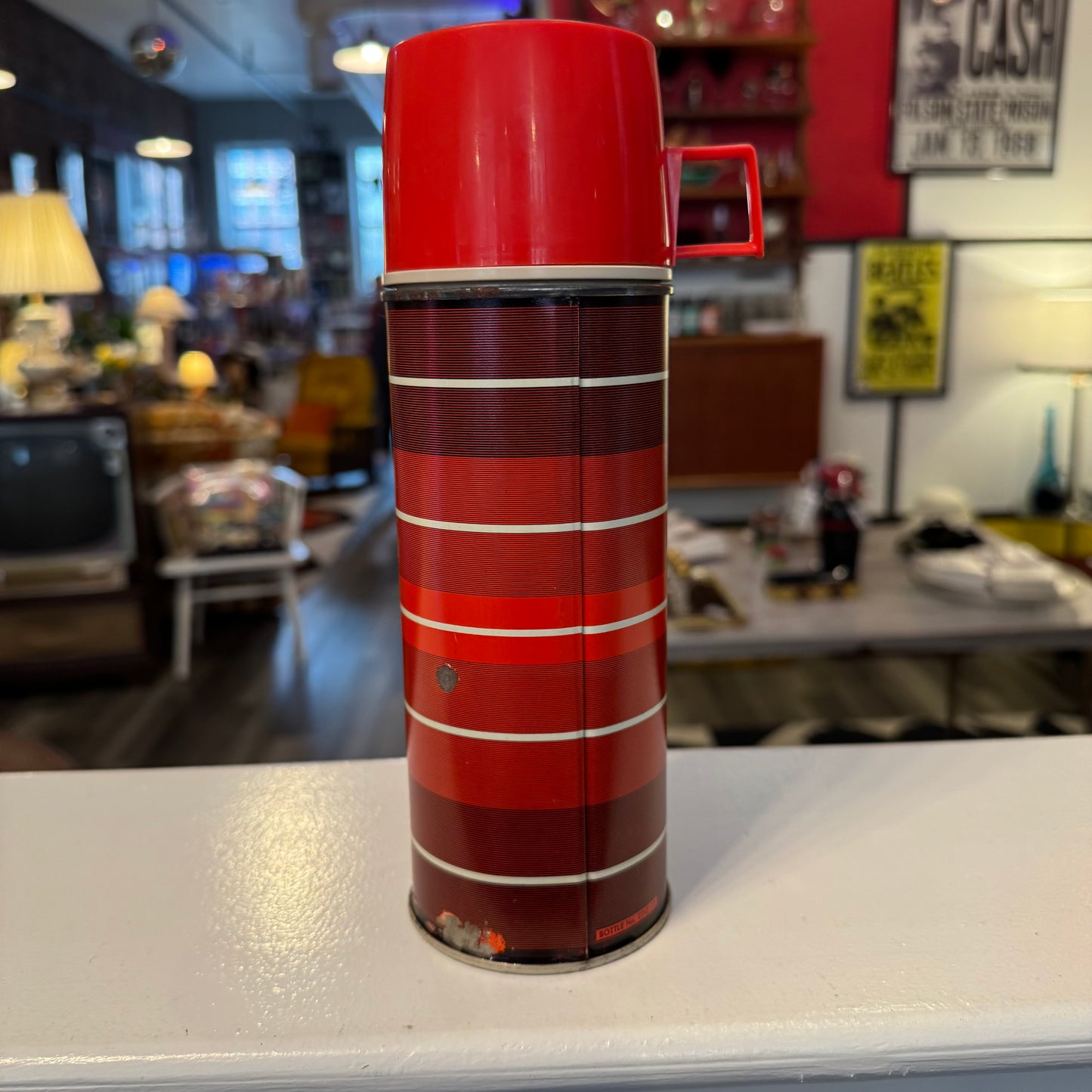 Vintage Thermos Brand Striped Thermos - Red & White- 1 Quart