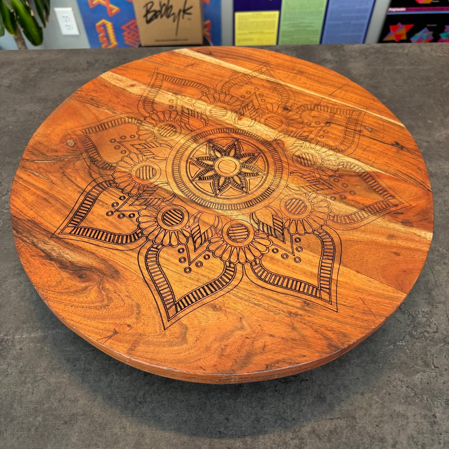 Wood Lazy Susan with Engraved Tribal Pattern