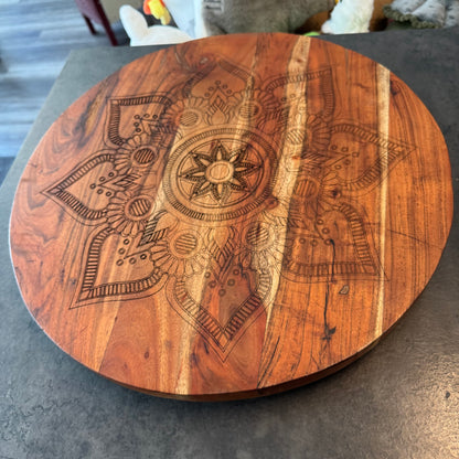 Wood Lazy Susan with Engraved Tribal Pattern
