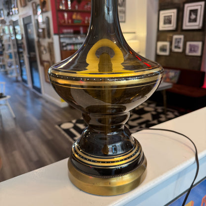 Hollywood Regency Brown-Green Glass Table Lamp with Gold Painted Details