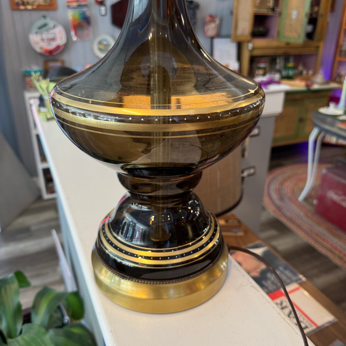 Hollywood Regency Brown-Green Glass Table Lamp with Gold Painted Details