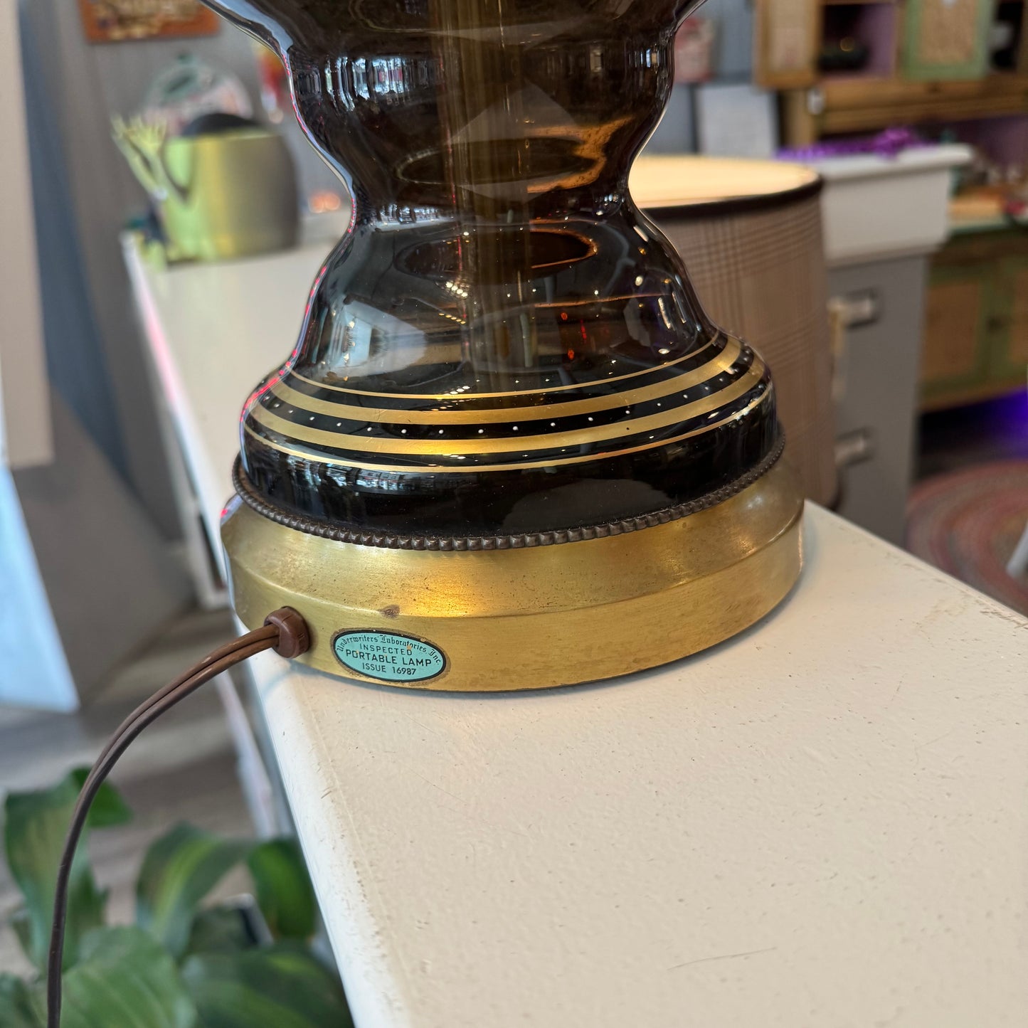 Hollywood Regency Brown-Green Glass Table Lamp with Gold Painted Details