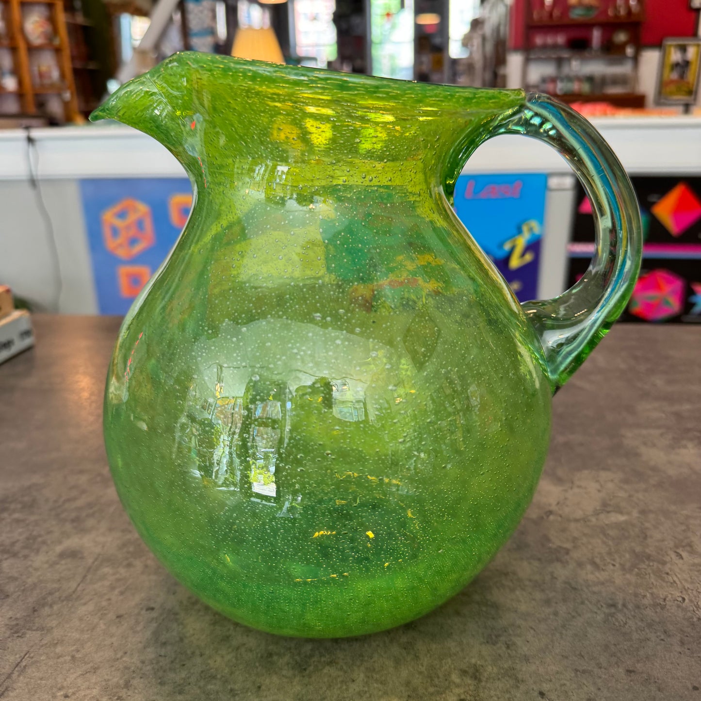 Vintage Hand Blown Green Glass Pitcher