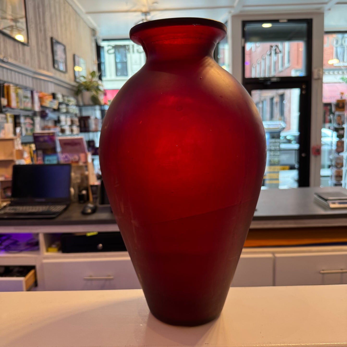 Vintage 18" Tall Red Frosted Glass Vase with Asian Characters (Made in Spain)