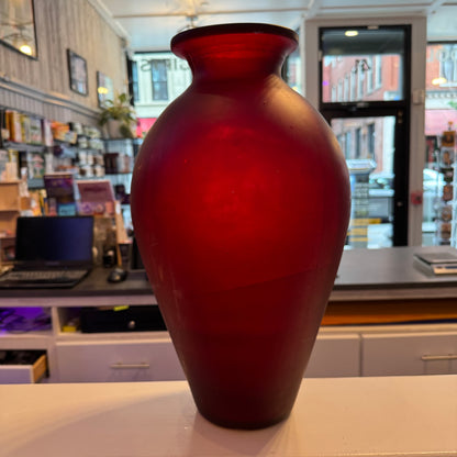 Vintage 18" Tall Red Frosted Glass Vase with Asian Characters (Made in Spain)