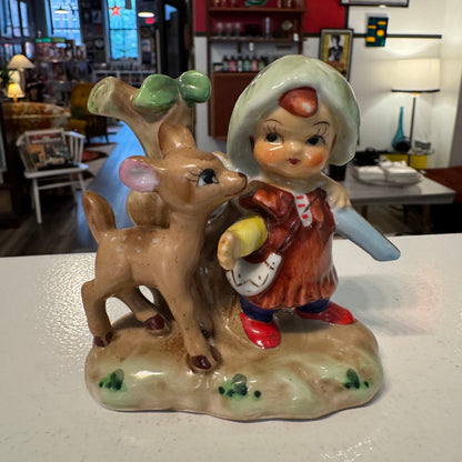 Girl in Woods with Deer Figurine Made in Japan Handpainted