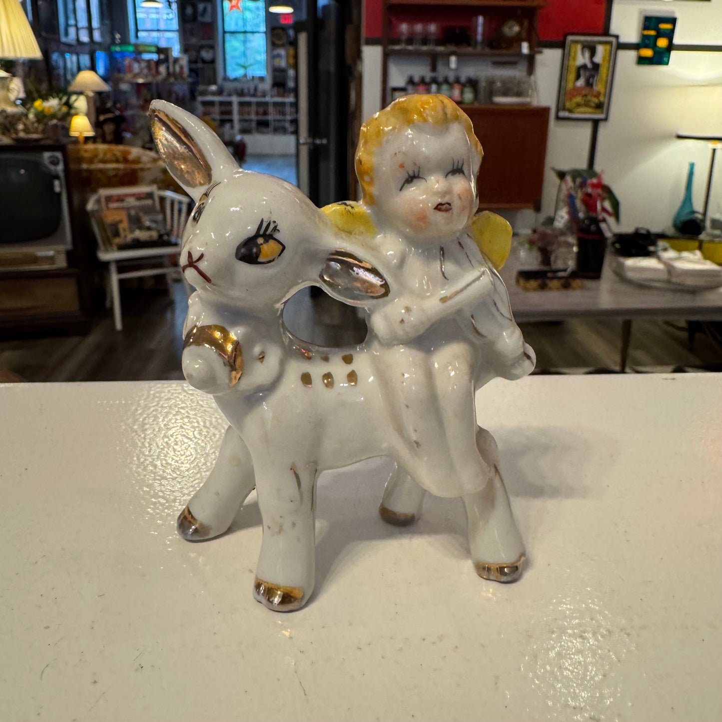 Deer with Cherub Glazed with Gold Figurine