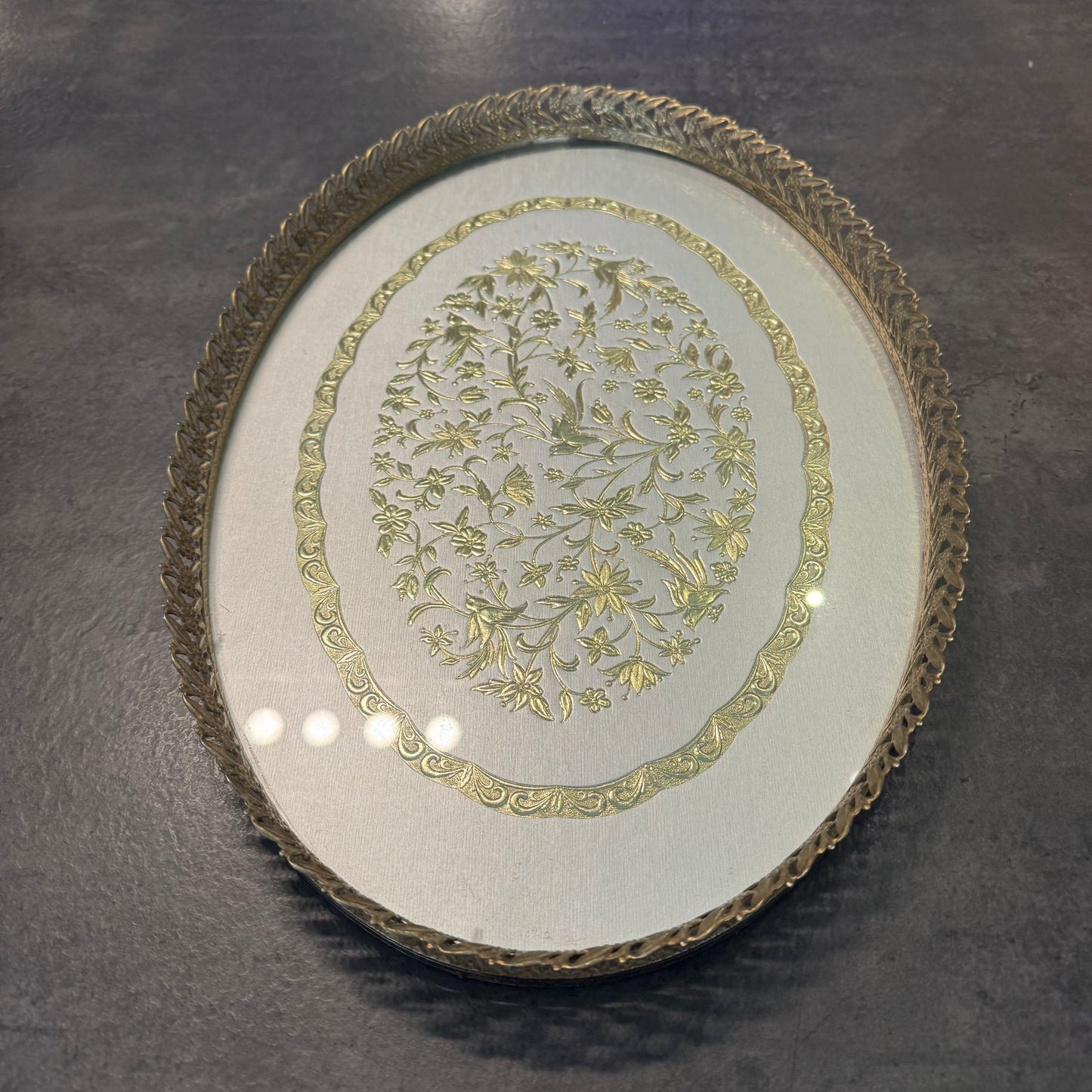 Vintage 1970s Hollywood Regency Gold Metal & Glass Vanity Tray