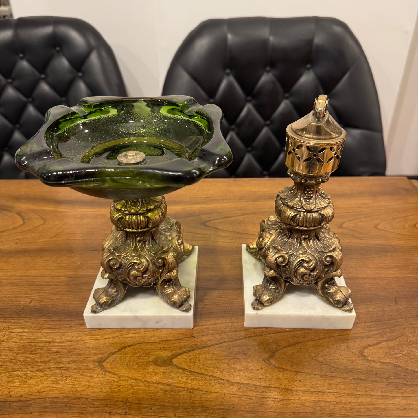 Ashtray and Table Lighter Green Glass/Cast Metal and Marble Base