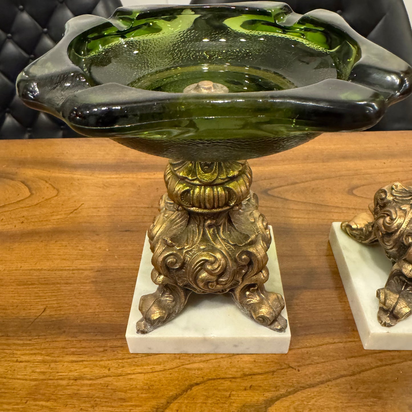 Ashtray and Table Lighter Green Glass/Cast Metal and Marble Base