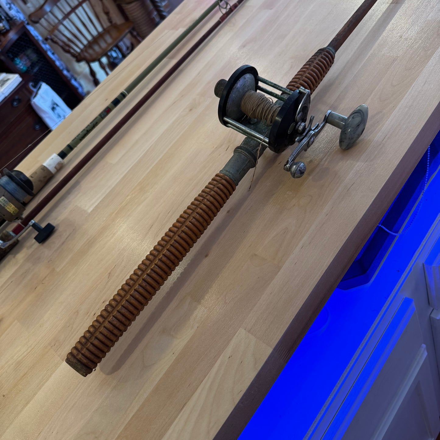 Vintage Wooden Fishing Rod paired with an Ocean City No. 935 Baitcasting Reel