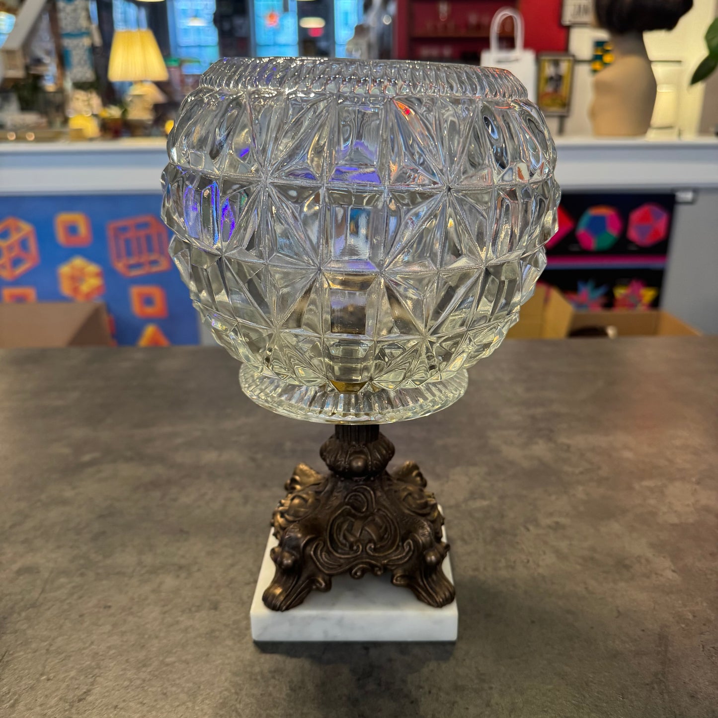 Vintage Hollywood Regency Style Brass & Pressed Glass Centerpiece Bowl on Marble Base