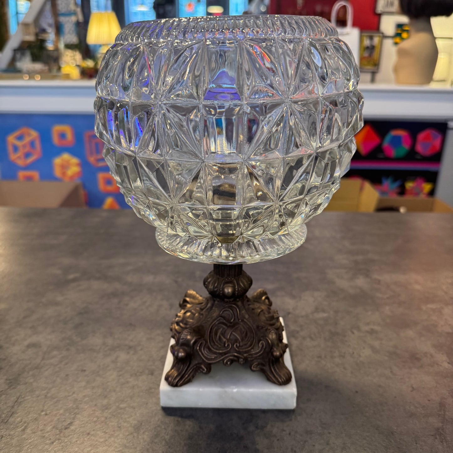 Vintage Hollywood Regency Style Brass & Pressed Glass Centerpiece Bowl on Marble Base
