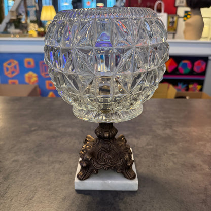Vintage Hollywood Regency Style Brass & Pressed Glass Centerpiece Bowl on Marble Base