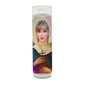 Candle with a portrait of a person holding a cross on a white background